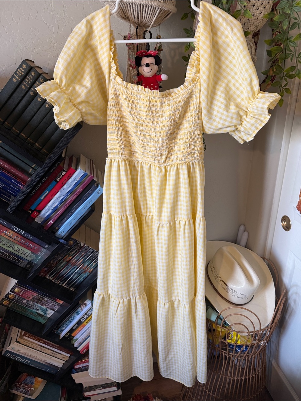 Yellow Gingham Midi Dress with Puff Sleeves